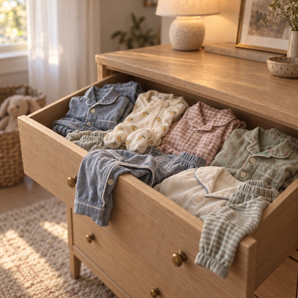 An open pajama drawer with folded kids' pajama sets and baby footies